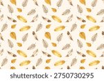 Beautiful autumn inspired seamless pattern with watercolor feathers and botanical leaves in warm golden and mustard tones. The hand-painted organic composition creates a cozy seasonal aesthetic perfect for fabric, wallpaper, packaging, and decorative designs.