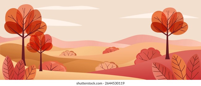 Beautiful autumn landscape of colorful fields, meadows and hills with trees and falling leaves. Vector illustration of beautiful autumn nature for design and background.