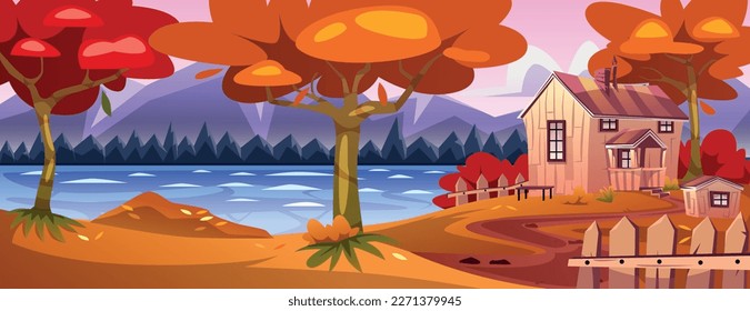 Beautiful autumn landscape. Colorful village panorama with trees, falling yellow and red leaves, wooden house, lake, mountains and rocks. Fall season in valley. Cartoon flat vector illustration