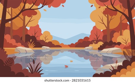 Beautiful autumn landscape featuring a calm lake reflecting vibrant orange, red, and yellow forest trees on a sunny day.