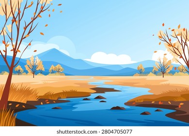 Beautiful autumn landscape featuring a mountain river. Autumn scenery in a hilly area with a river, trees, and falling leaves. Vector illustration suitable for backgrounds, banners, or posters.