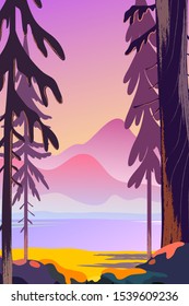 Beautiful autumn landscape flat design concept. Fantasy forest on a background of mountains. Wild nature vector illustration.