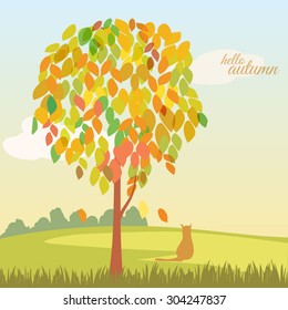 Beautiful autumn landscape hello autumn, tree with autumn leaves, cat, background, vector, banner, illustration
