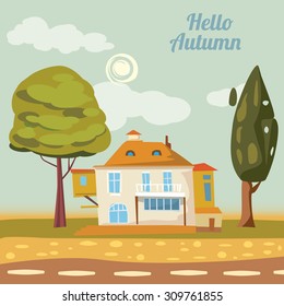 Beautiful autumn landscape, house, trees, sky, clouds, vector, banner, illustration
