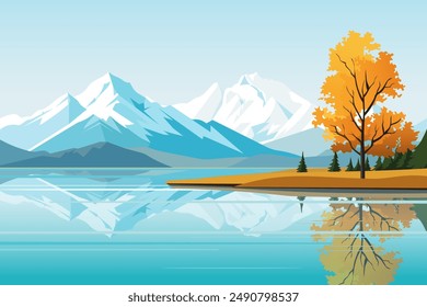 Beautiful autumn landscape of the lake shore against the backdrop of amazing mountains. Vector illustration of an autumn mirror lake, forest, trees with autumn foliage and snow-capped mountain peaks.