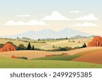 Beautiful autumn landscape. Autumn meadow and fields, yellow and green grass, trees, mixed forest of pine trees, hills, blue sky and clouds. Vector illustration for autumn design.