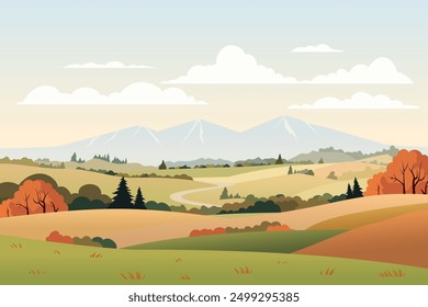 Beautiful autumn landscape. Autumn meadow and fields, yellow and green grass, trees, mixed forest of pine trees, hills, blue sky and clouds. Vector illustration for autumn design.