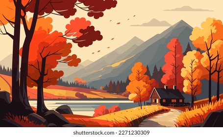 Beautiful autumn landscape in the mountains. Vector illustration.