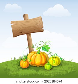 beautiful autumn landscape with pumpkins and wooden signboard. illustration of fall harvest with blank signpost on grass or field. hello autumn poster, fall festival or Thanksgiving banner template.