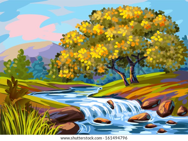 Beautiful Autumn Landscape, all elements are grouped separately and in separate layers. 