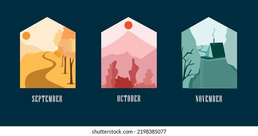 Beautiful autumn landscapes in frames, autumn months, september, october and november