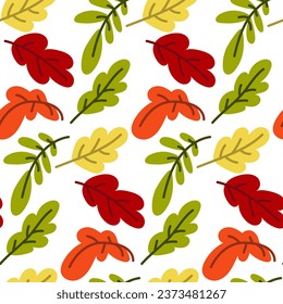 Beautiful autumn leaf pattern in bright colors, seamless repetition. Fashionable flat style. Great for backgrounds, clothing and editorial design, postcards, gift wrapping paper, home decor, etc