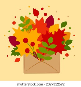 Beautiful autumn leaves and berries in a envelope. Card with decorative maple leaves. The concept of enjoying the beautiful autumn. Flat cartoon illustration isolated on a background. Vector.