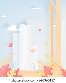 Beautiful Autumn leaves and city paper cut style background vector illustration