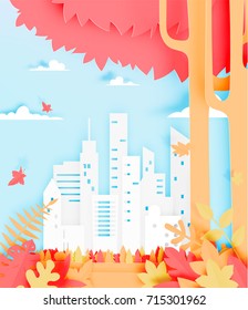 Beautiful Autumn leaves and city paper cut style background vector illustration