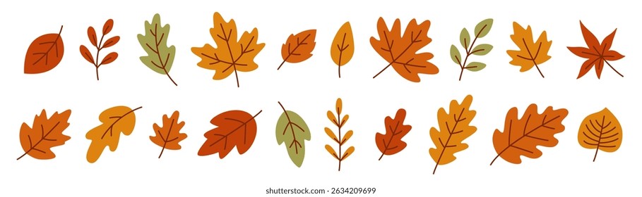 Lindas Folhas de outono. Temporada de outono. Colhe.  Folha de outono para padrão, banner, adesivo, cartões Hello Autumn. Ilustração de vetor plano isolada no plano de fundo branco