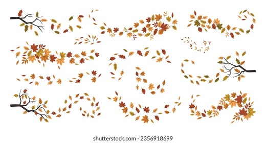 Beautiful autumn leaves forest garden foliage swirl isolated seasonal abstract decorative set. Tree branch and falling maple, oak and rowan colorful leaf in motion design element vector illustration