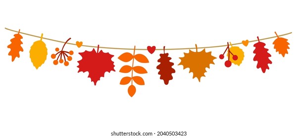 Beautiful autumn leaves hanging on a string. Fall Season Banner in flat style. Colorful seasonal garland with maple and oak leaves. Isolated on a white background. Hand drawn vector illustration. 