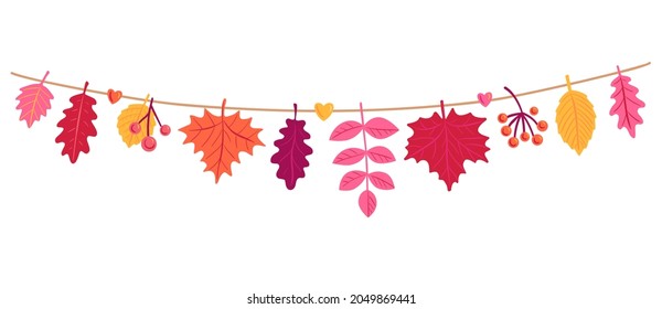 Hermosas hojas de otoño colgando de una cuerda. Mariscos de temporada coloridos con hojas de arce y roble. Plantilla horizontal de temporada de otoño para banner, afiche, tarjeta. Ilustración dibujada a mano aislada en blanco.