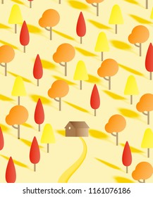 Beautiful Autumn leaves and house paper cut style background vector illustration