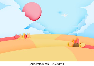 Beautiful Autumn leaves and house paper cut style background vector illustration