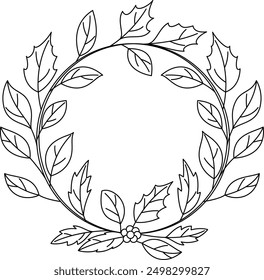 Beautiful autumn leaves wreath outline coloring page. Thanksgiving hand drawn colouring 