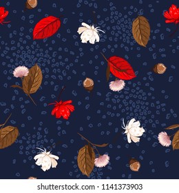 Beautiful Autumn leaves,pine nuts and flower elements mix with animal skin leopard in hand drawn style seamless pattern vector for fabric and all prints on navy blue  background.