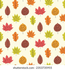 Beautiful autumn maple and oak  leaves seamless pattern in terracotta, orange, red, green on light cream background. For home décor, textile and wallpaper 