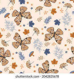 Beautiful Autumn mood of Butterfly ,floral seamless pattern illustration vector EPS10 with branches ,maple leaf berries,dry flower,nuts .Design for fashion , fabric, textile, wallpaper, and all prints