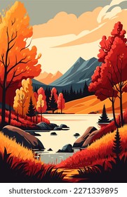 Beautiful autumn mountain landscape. Vector illustration.