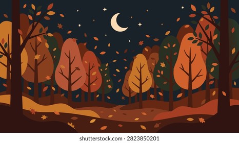 A beautiful autumn night scene in a forest with trees displaying fall colors, leaves falling, and a crescent moon in the sky.