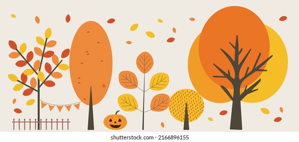 Beautiful autumn orange trees seasonal paintings with falling leaves and pumpkin. Fall nature vector drawings