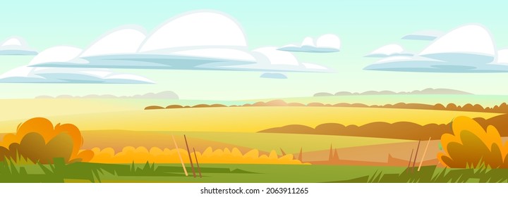 Beautiful autumn ordinary rural landscape. Rustic wildlife. Village is pasture and vegetable garden. Harvest time of year. Yellow and orange scene. Vector.