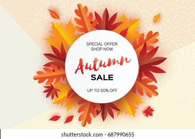 Beautiful Autumn paper cut leaves. Sale. September flyer template. Circle frame. Space for text. Origami Foliage. Maple, oak. Fall poster background. Vector