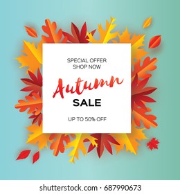 Beautiful Autumn paper cut leaves. Sale. September flyer template. Square frame. Space for text. Origami Foliage. Maple, oak. Fall poster background. Vector