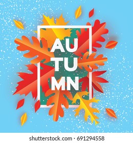 Beautiful Autumn Paper Cut Leaves. Hello Autumn. September flyer template. Rectangle frame. Space for text. Origami Foliage. Maple, oak. Fall poster. Blue background.