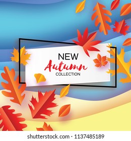 Beautiful Autumn in paper cut style. Origami leaves. Hello Autumn. September. October. Rectangle frame for text. Origami Foliage. Maple, oak. Fall. Poster template.