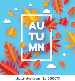 Beautiful Autumn in paper cut style. Origami leaves. Hello Autumn. September. October. Rectangle frame for text. Origami Foliage. Maple, oak. Fall. Poster template Cloud
