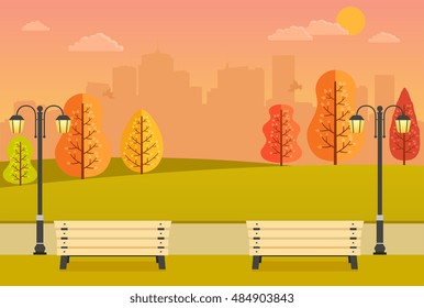 Beautiful autumn park with benches, yellow and orange trees and 