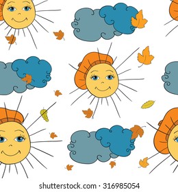 beautiful autumn pattern with leaves and sun. vector. vector