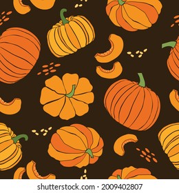 Beautiful autumn pattern Seamless textile. Seamless pattern with hand drawn pumpkin in cartoon style. Design for greeting card and invitation of seasonal fall holidays, halloween, thanksgiving,harvest