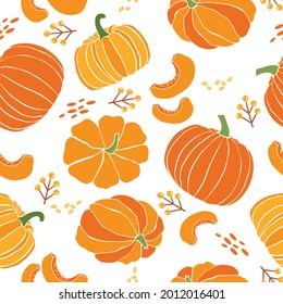 Schönes Herbstmuster Nahtlose Textilien. Nahtloses Muster mit handgezeichnetem Kürbis im Cartoon-Stil. Design für Grußkarte und Einladung zu saisonalen Herbstferien, Halloween, Thanksgiving, Ernte