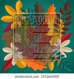 Hermoso cartel de otoño con diferentes hojas de árbol, Ilustración vectorial. Se puede utilizar para promociones de ventas de otoño, diseños de temporada de otoño y tarjetas de felicitación de Acción de Gracias.