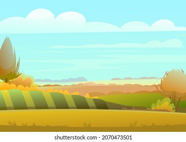 Beautiful autumn rural landscape. Light day Rustic wildlife. Village is pasture and vegetable garden. Ripe beds. Area is glade in foreground. Harvest time of year. Yellow and orange scene. Vector.