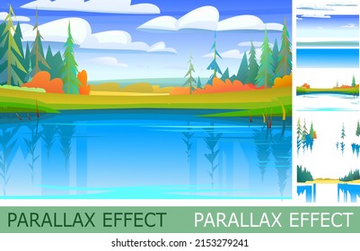Beautiful autumn rural landscape with parallax effect. Rustic wildlife. Village is pasture and vegetable garden. Harvest time of year. Yellow and orange scene. Light blue sky. Small pond Vector.