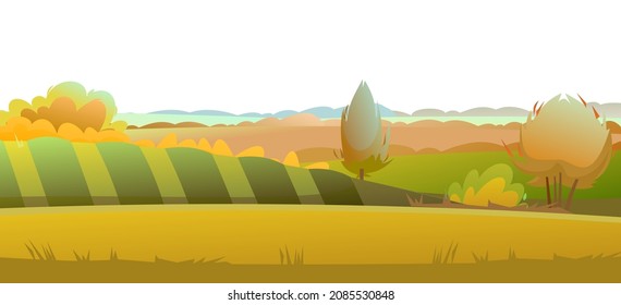 Beautiful autumn rural landscape. Ripe beds. Rustic wildlife. Village is pasture and vegetable garden. Isolated on white background. Harvest time of year. Yellow and orange scene. Vector.