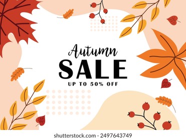 Beautiful Autumn Sale Background. Stylish Autumn background with different leaves and spots. Vector fall illustration, banner, poster. White isolated background. 