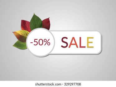Beautiful autumn sale sign. Colorful watercolor leaves.