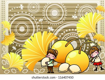 Beautiful Autumn  Scenery  - enjoying lovely cute young couple with delicious ginkgo nuts and yellow gingko leaves in romantic garden on a brown background of stripes pattern : vector illustration