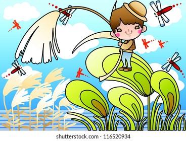 Beautiful Autumn Scenery - enjoying lovely cute young boy with a reed and red dragonflies in romantic garden on a background of blue sky : vector illustration